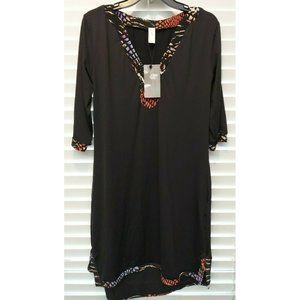 NWT V fish large dress black animal print trim stretchy midi v neck 3/4 sleeves